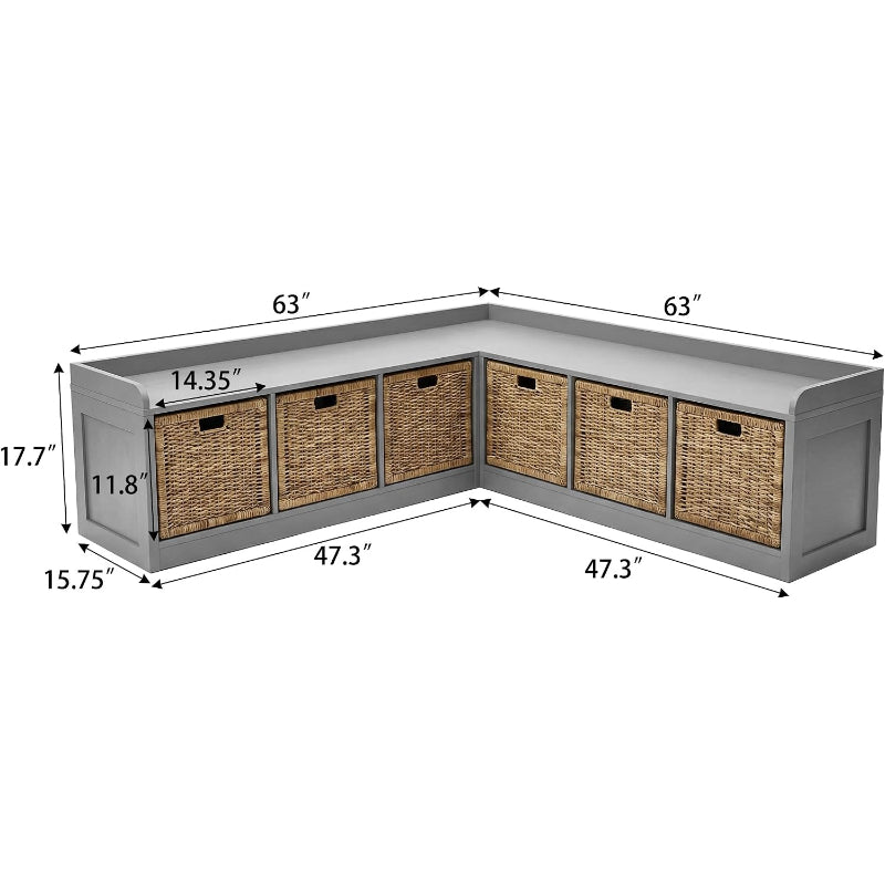 63" L‑Shaped Grey Bench with 6 Woven Basket Drawers  今天 11:19