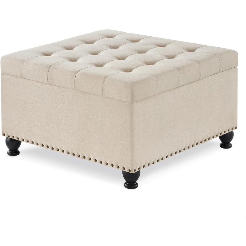 Beige Linen Tufted Square Storage Ottoman