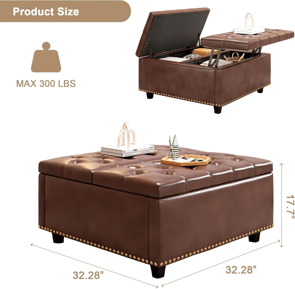 32.3" Brown PU Leather Lift‑Top Storage Ottoman