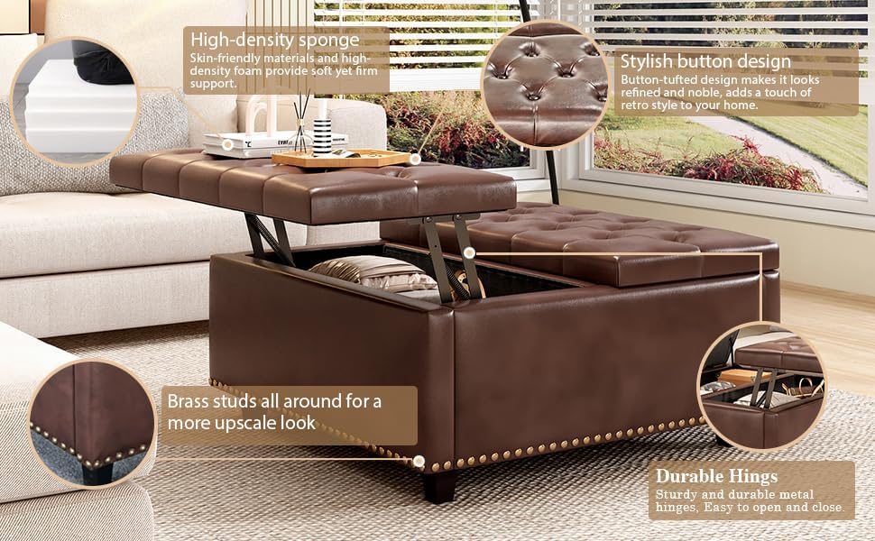 32.3" Brown PU Leather Lift‑Top Storage Ottoman