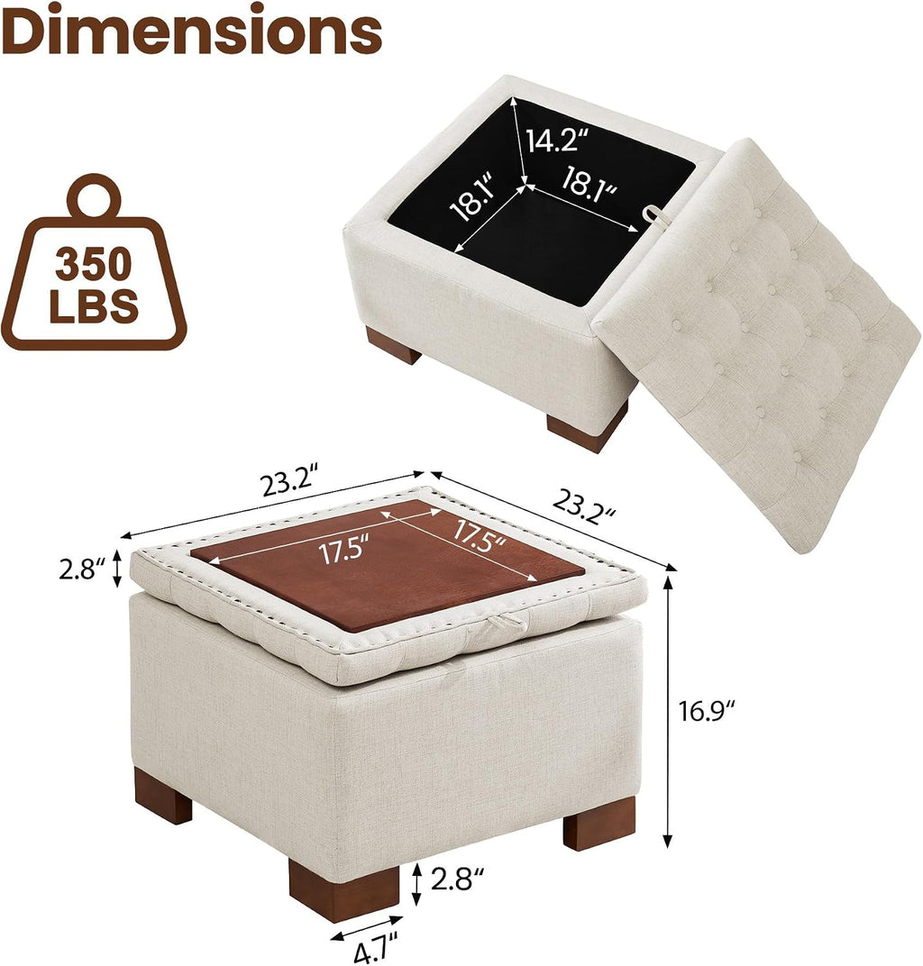 24" Beige Linen Tufted Flip‑Tray Storage Ottoman