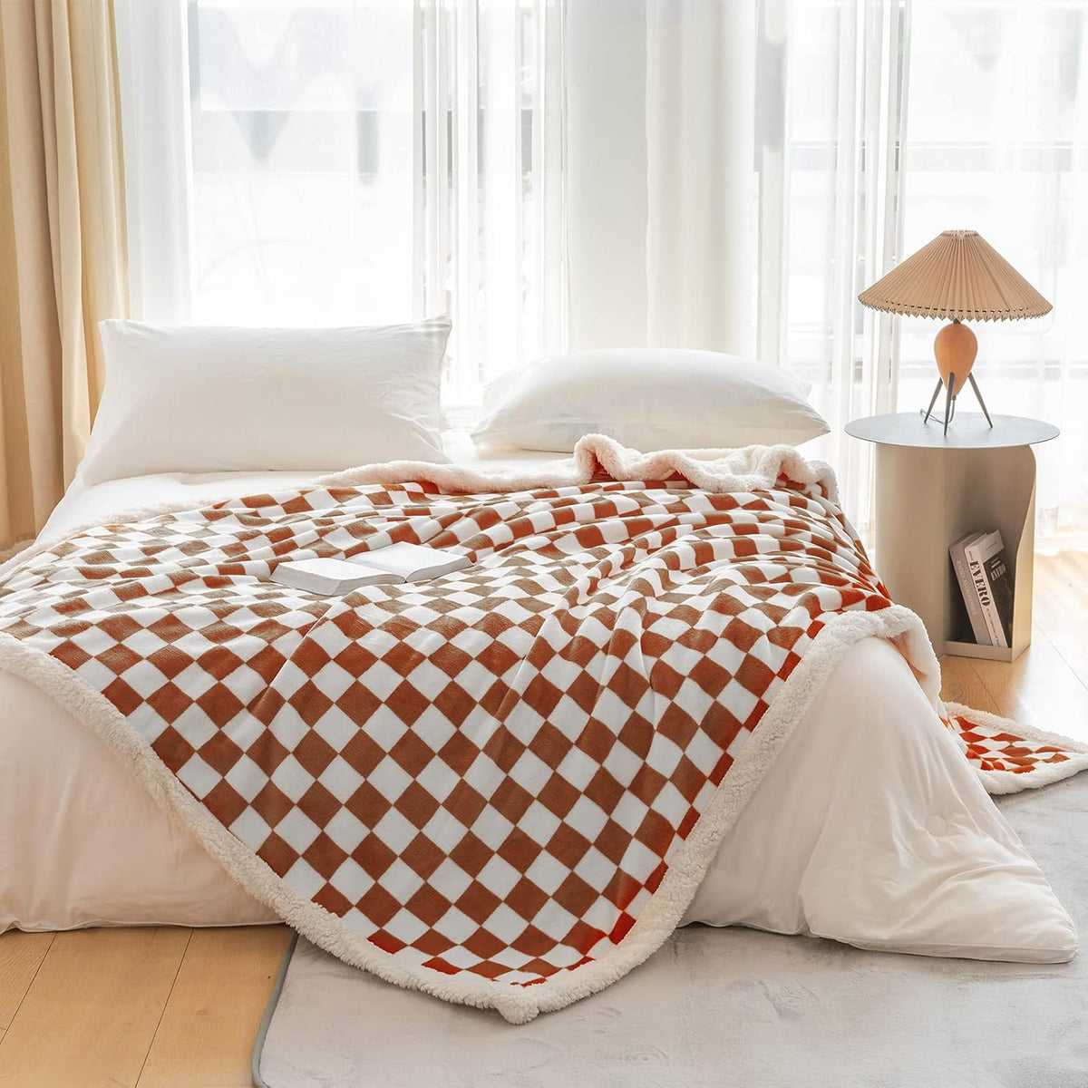 60"x80" Maple Brown Checkered Sherpa Throw Blanket