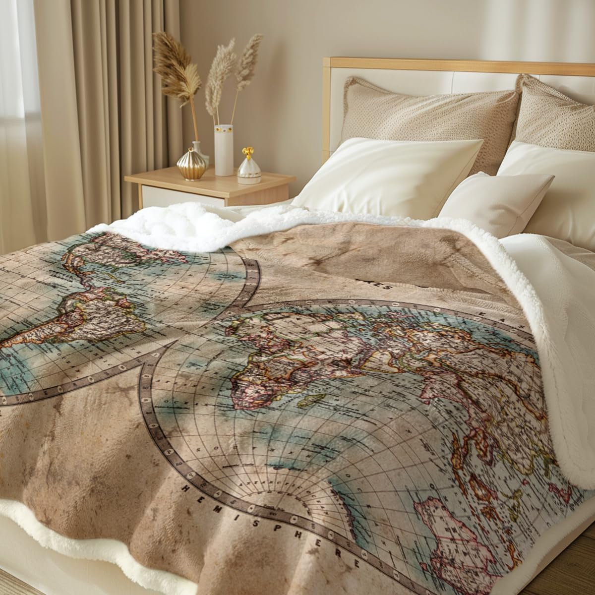 90"x90" Vintage Map Sherpa Throw Blanket
