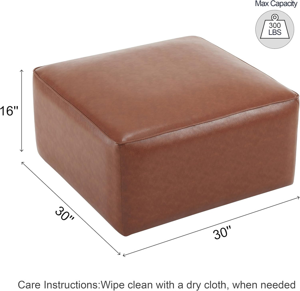 30" Light‑Brown Faux Leather Square Ottoman