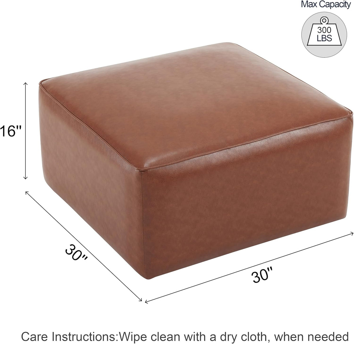 30" Light‑Brown Faux Leather Square Ottoman