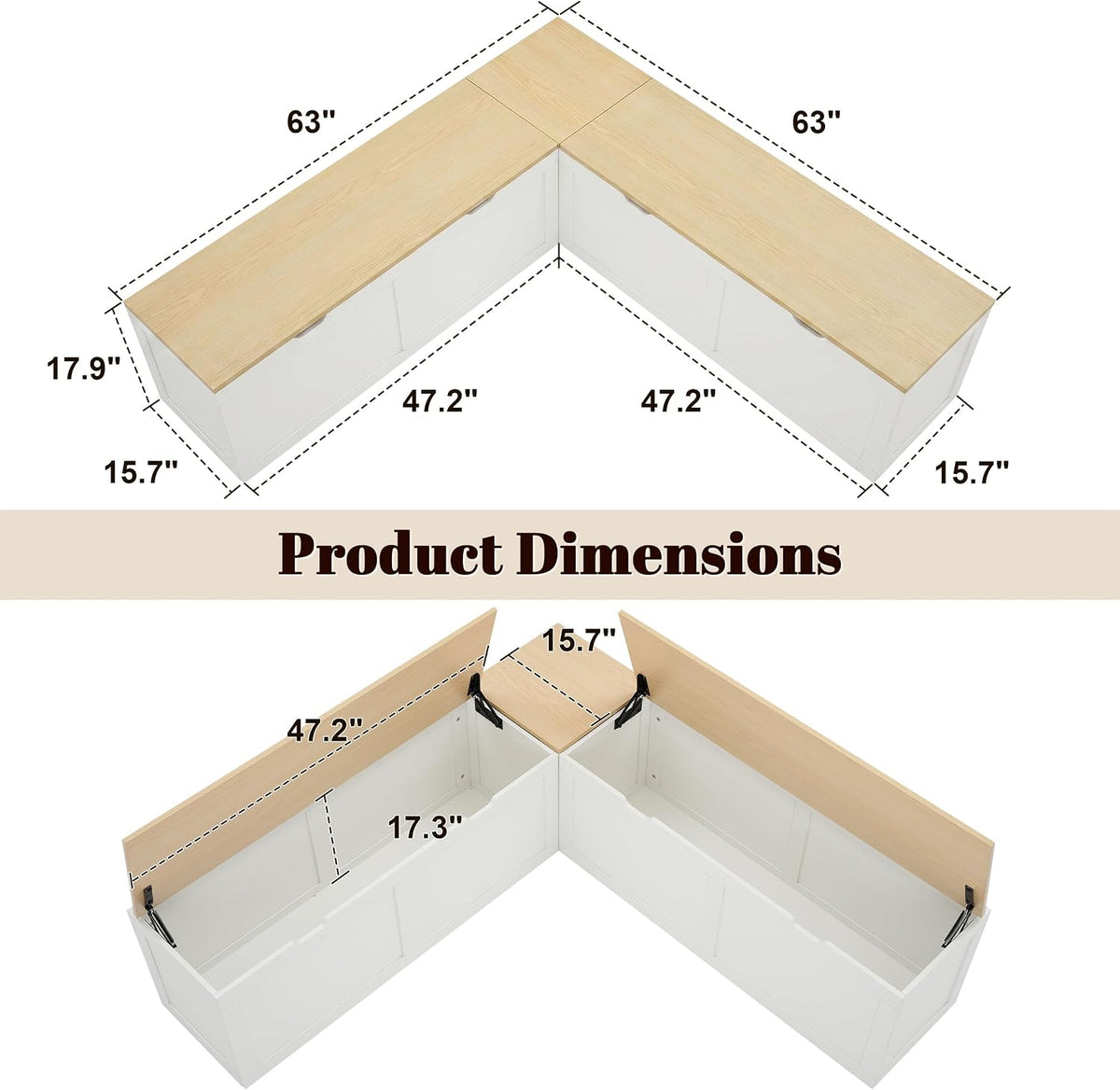 63" Oak L‑Shaped Storage Nook Bench