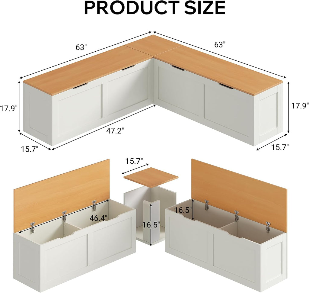 63" Oak‑White L‑Shaped Nook Storage Bench