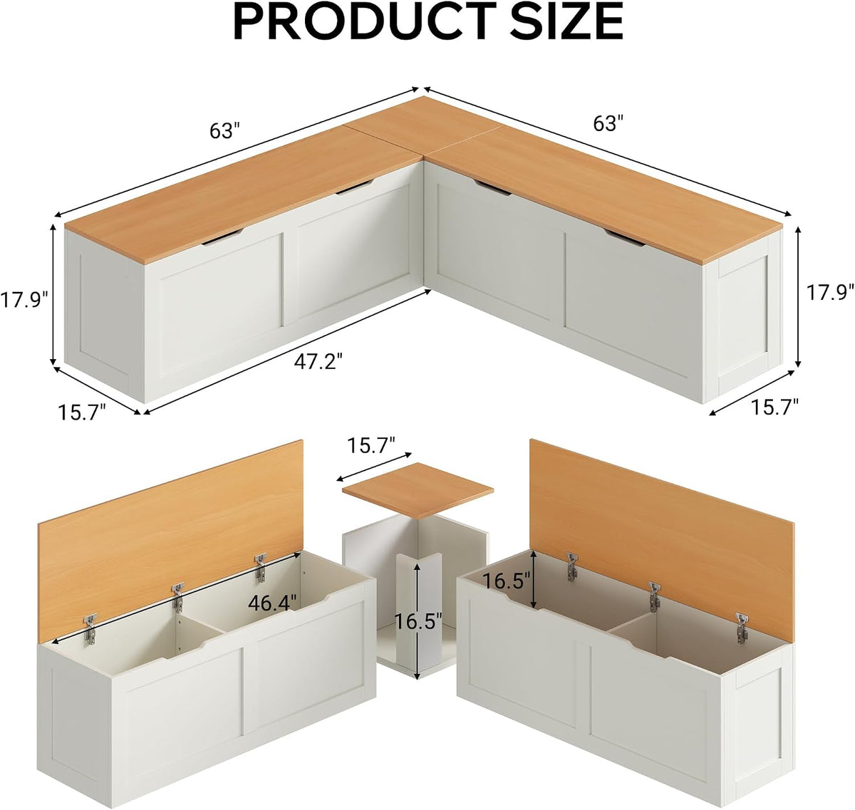 63" Oak‑White L‑Shaped Nook Storage Bench