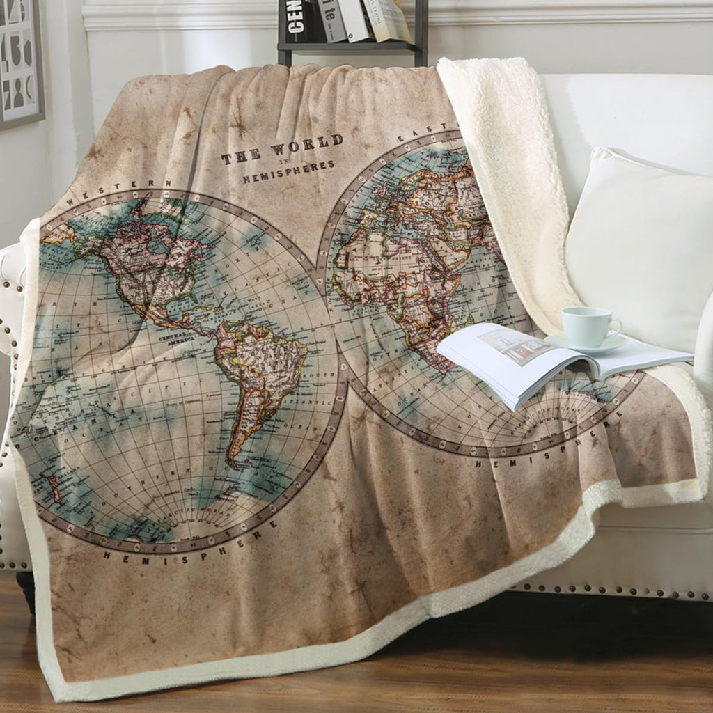 90"x90" Vintage Map Sherpa Throw Blanket