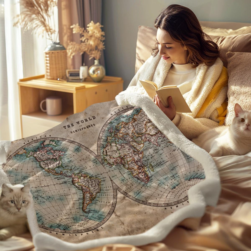 90"x90" Vintage Map Sherpa Throw Blanket