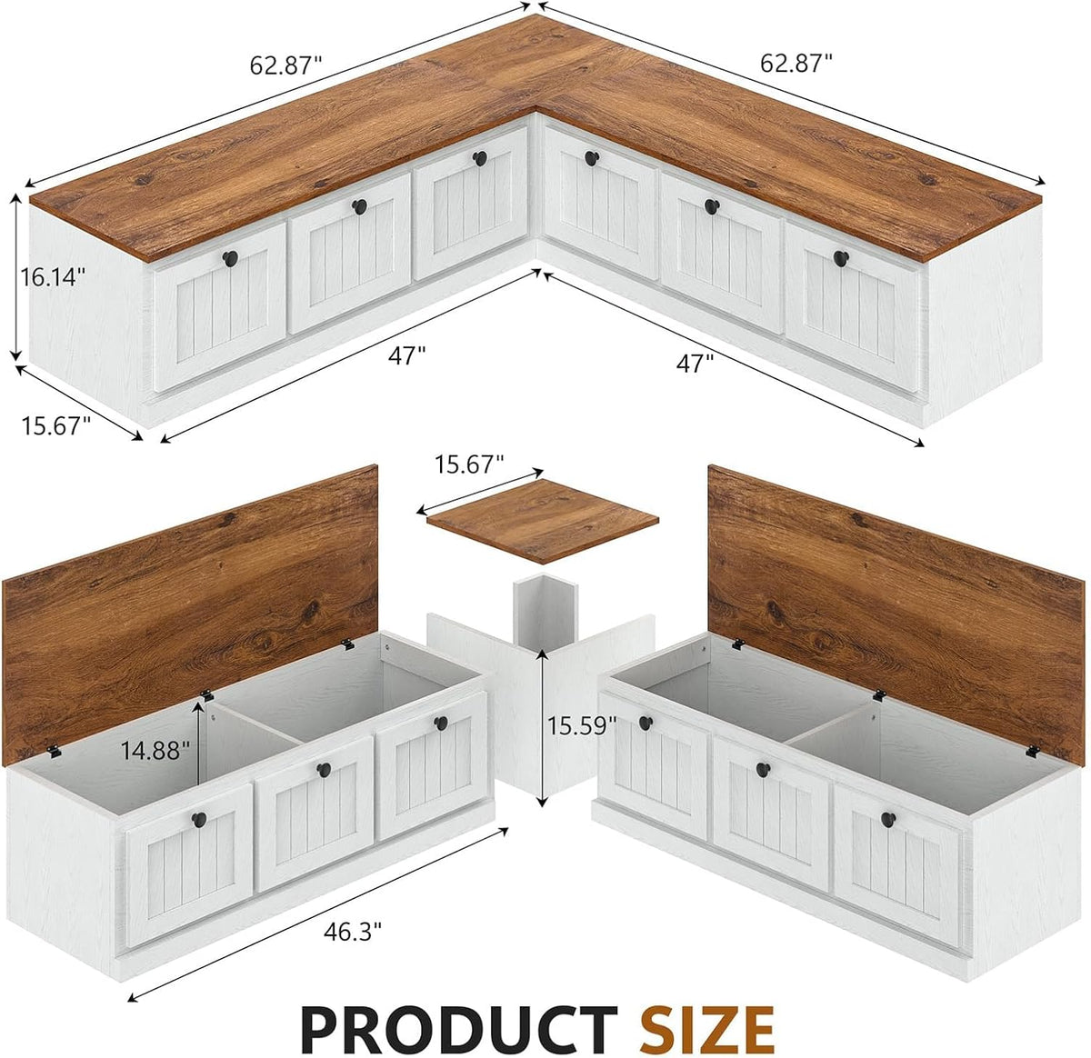 63" White L‑Shaped Nook Storage Bench