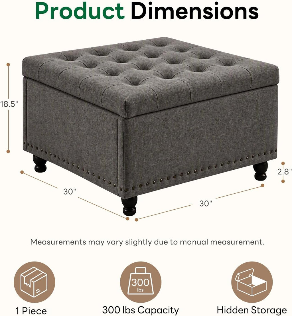 30" Dark‑Gray Square Storage Ottoman Coffee Table