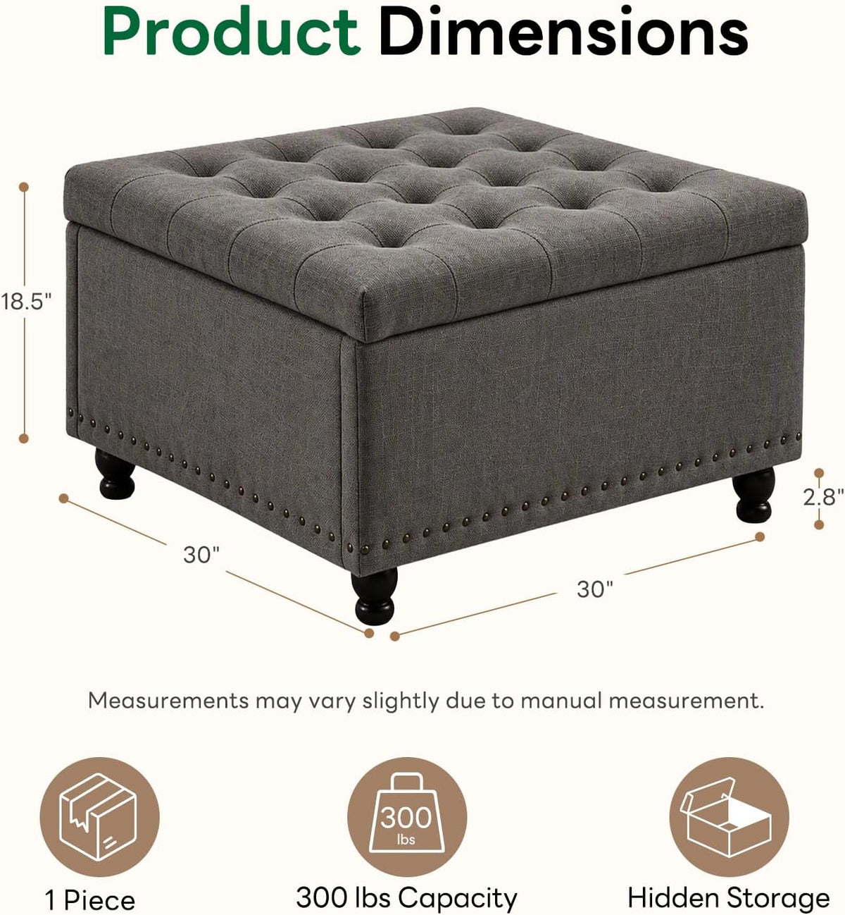 30" Dark‑Gray Square Storage Ottoman Coffee Table