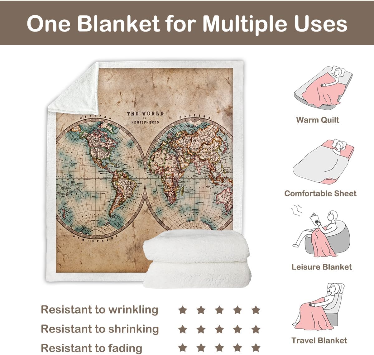 90"x90" Vintage Map Sherpa Throw Blanket