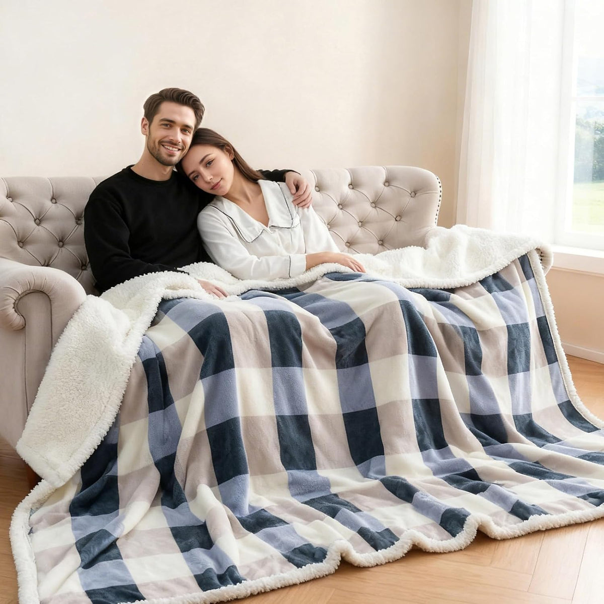 108"x90" Grey‑Soft Blue Sherpa Throw Blanket