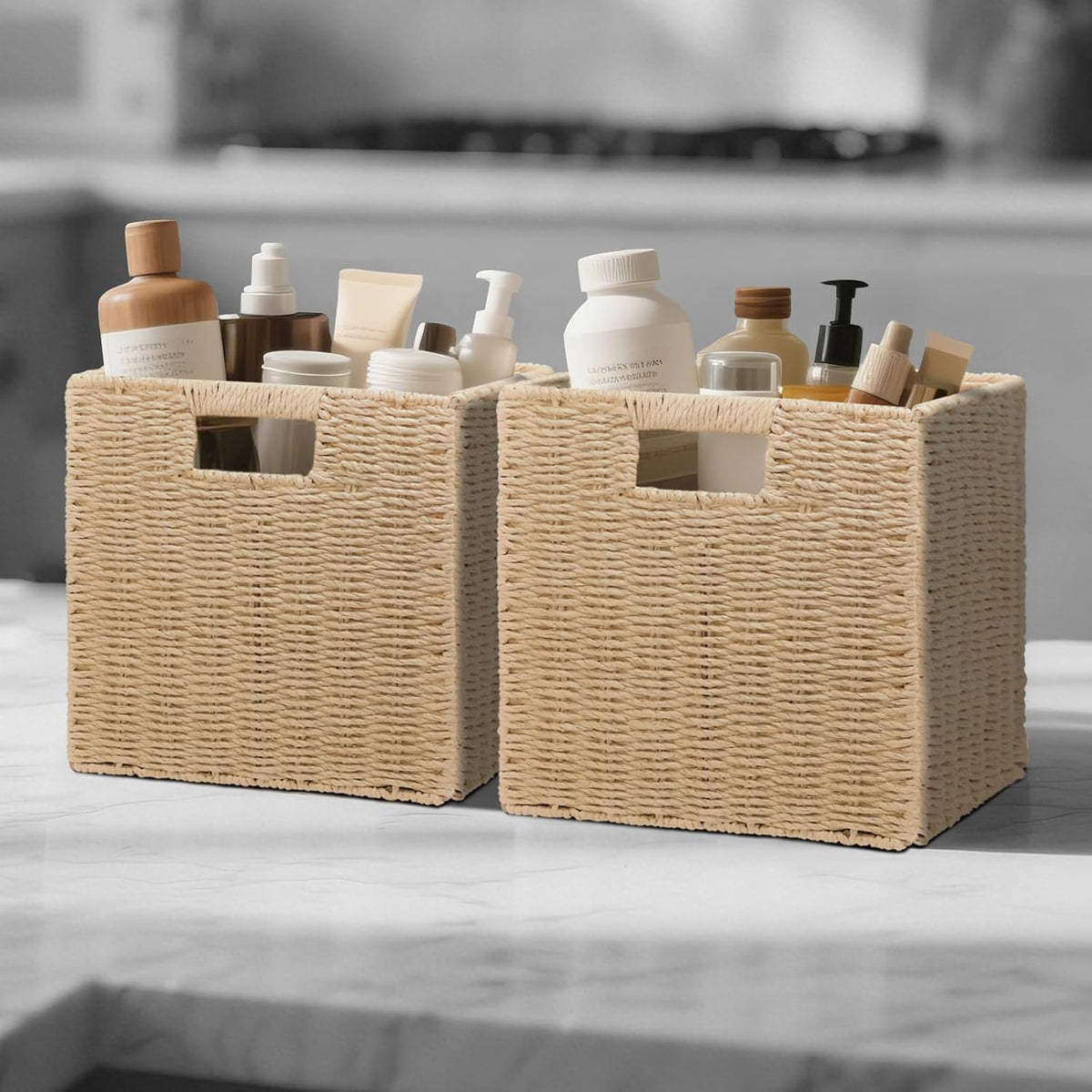11" Natural Foldable Wicker Storage Baskets, 3‑Pack