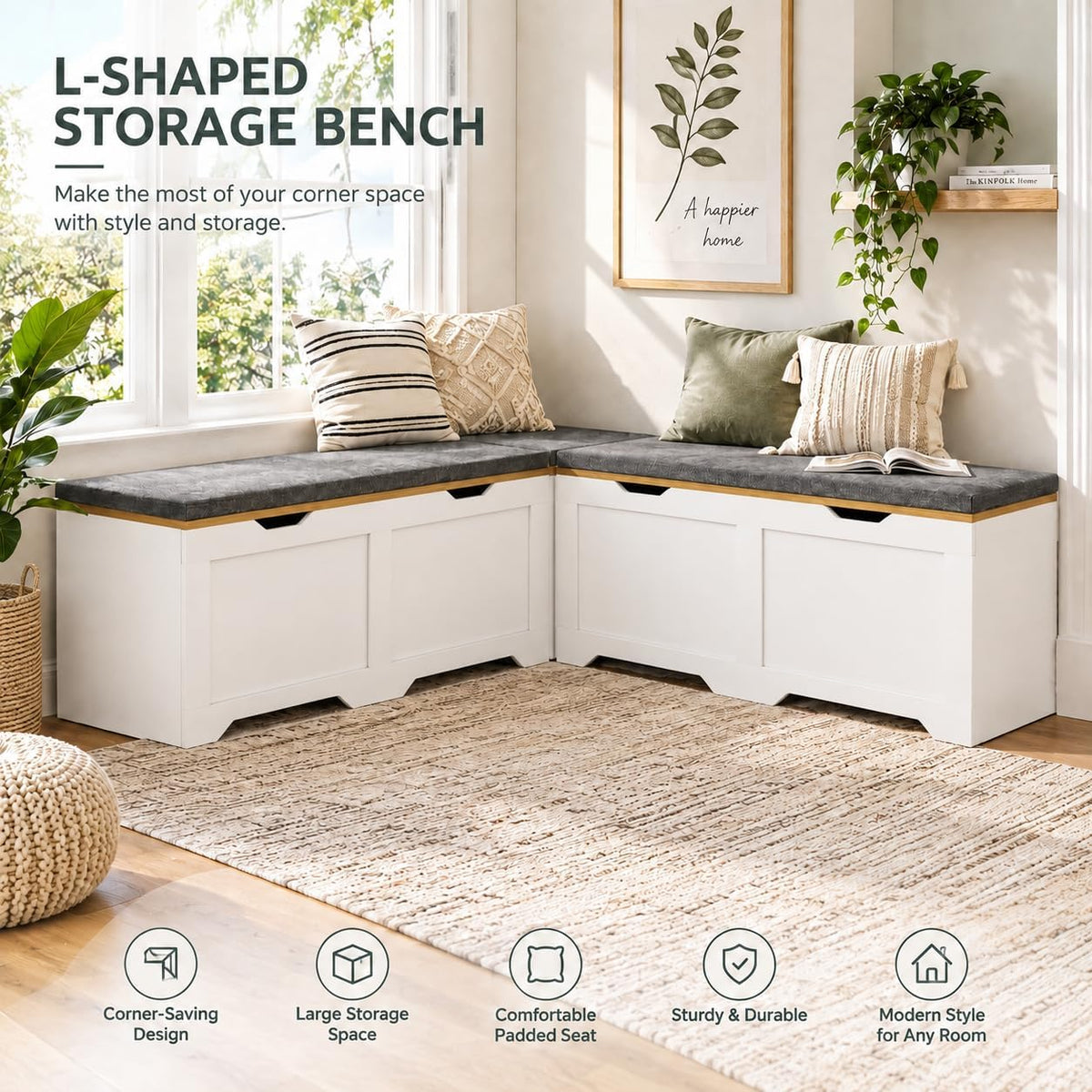 White L‑Shaped Cushioned Storage Corner Bench  今天 11:21