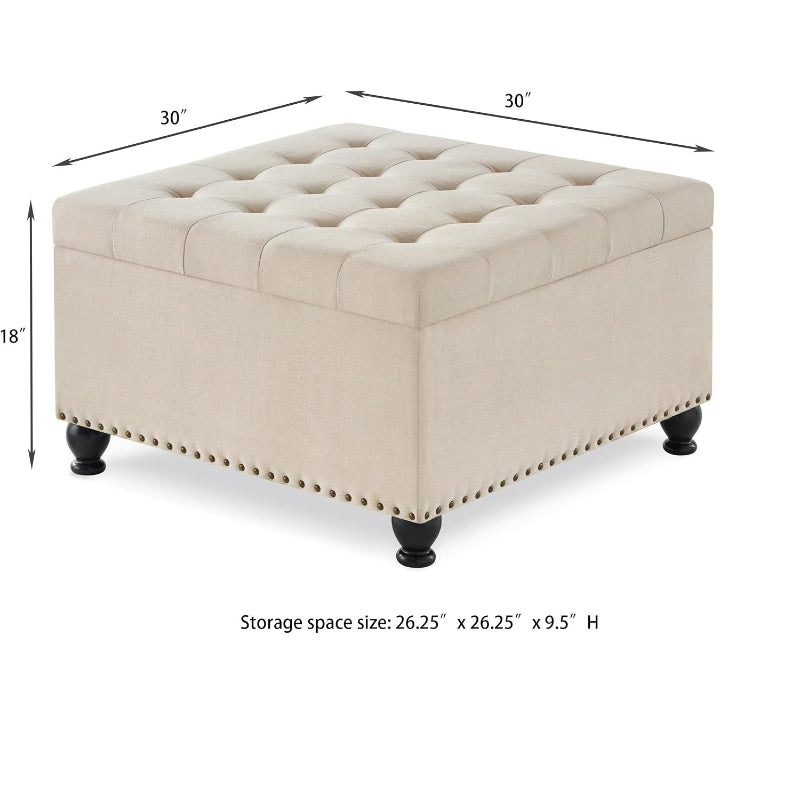 Beige Linen Tufted Square Storage Ottoman