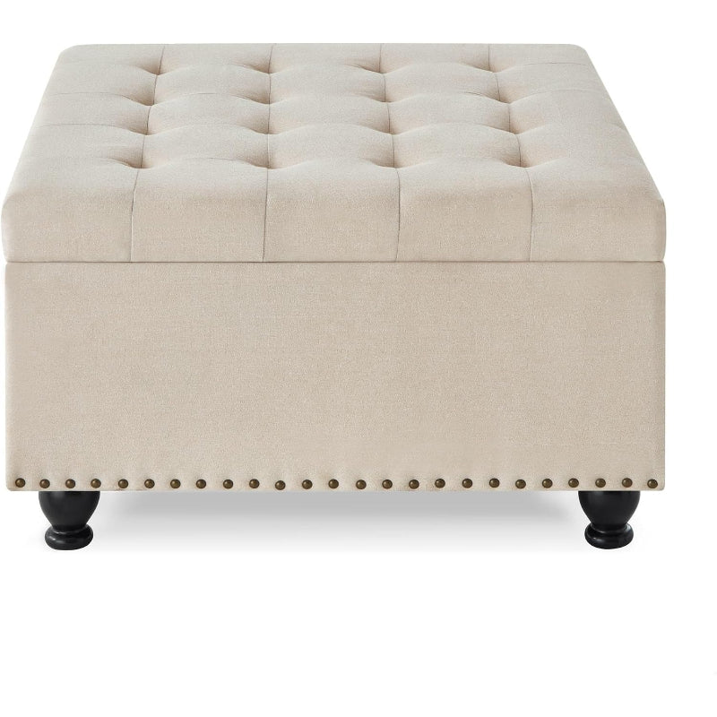 Beige Linen Tufted Square Storage Ottoman
