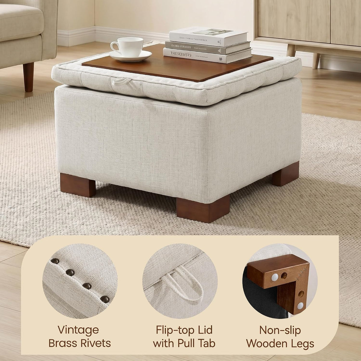 24" Beige Linen Tufted Flip‑Tray Storage Ottoman