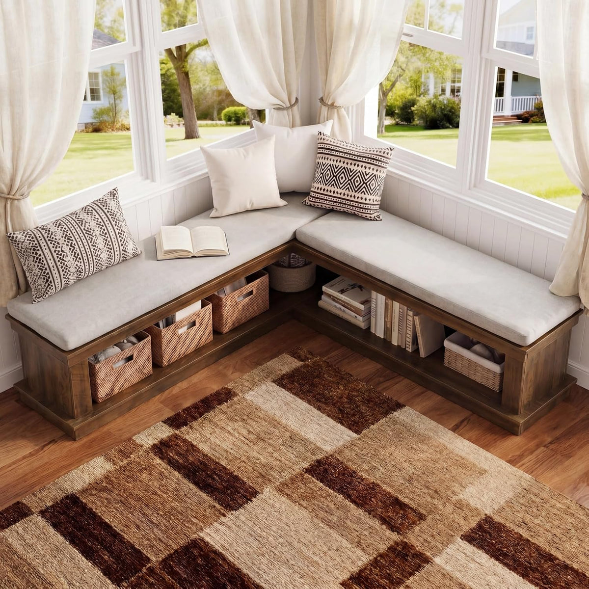 55" Cushioned L‑Shaped Corner Storage Bench