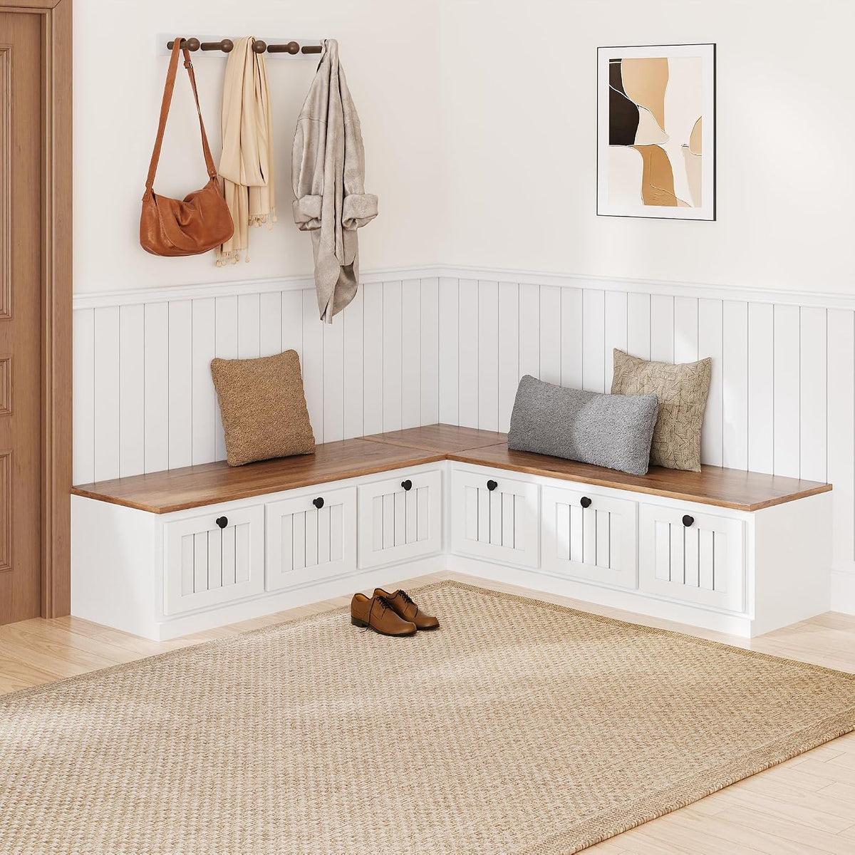 63" White L‑Shaped Nook Storage Bench