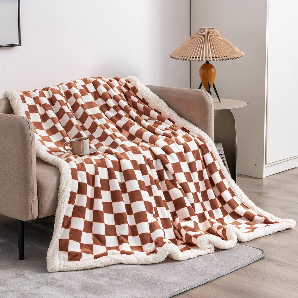 60"x80" Maple Brown Checkered Sherpa Throw Blanket