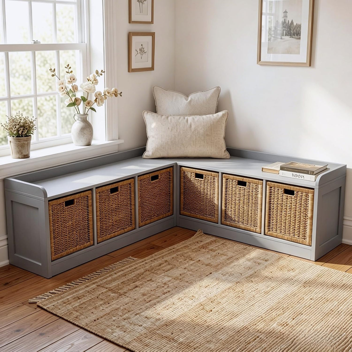 63" L‑Shaped Grey Bench with 6 Woven Basket Drawers  今天 11:19