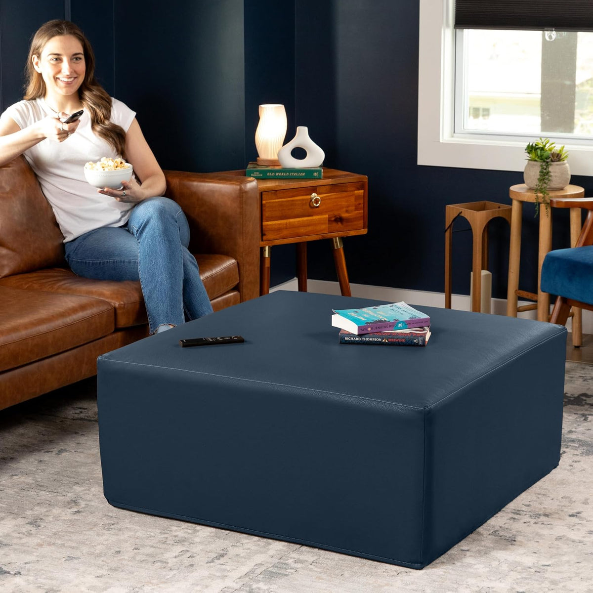 36" Oxford‑Blue Faux Leather Square Ottoman
