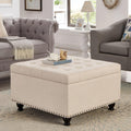 Beige Linen Tufted Square Storage Ottoman