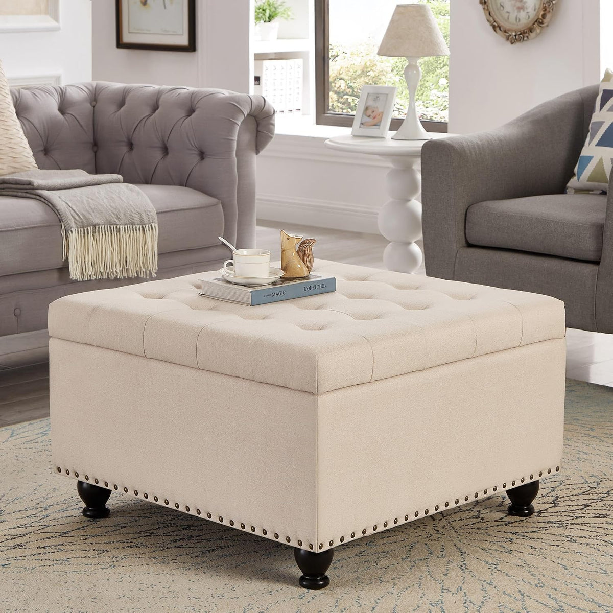 Beige Linen Tufted Square Storage Ottoman