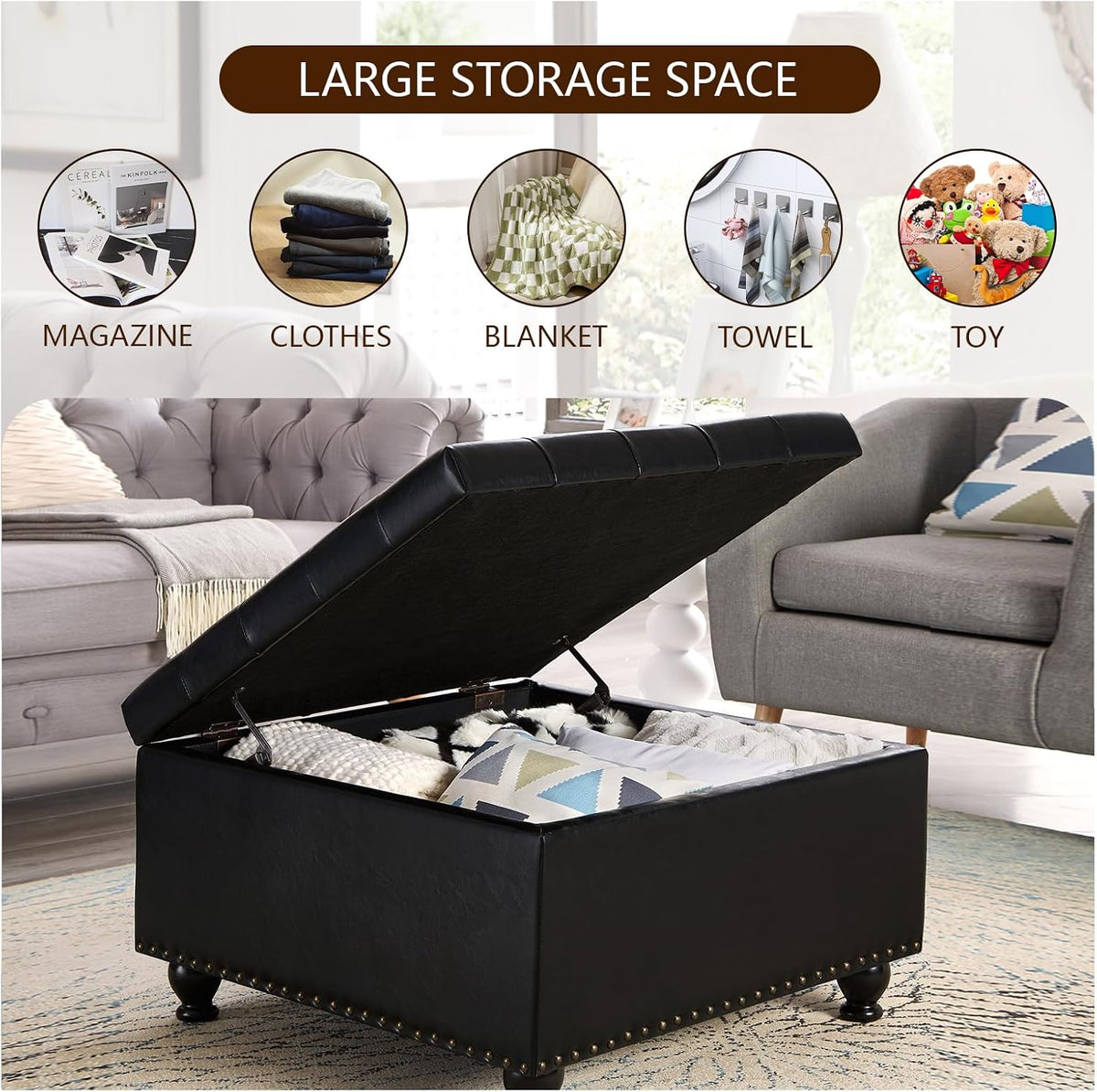 30" Black Faux Leather Tufted Storage Ottoman