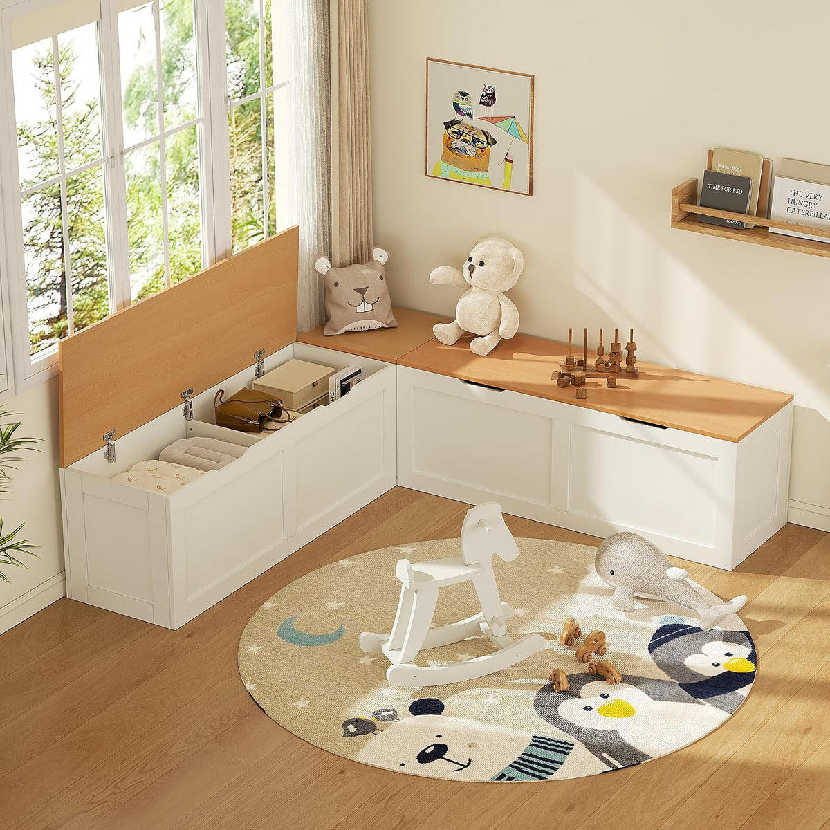 63" Oak‑White L‑Shaped Nook Storage Bench