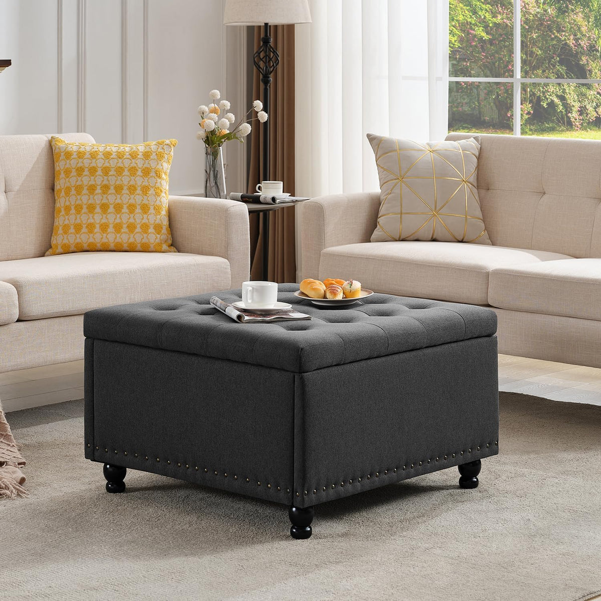 30" Dark‑Gray Square Storage Ottoman Coffee Table