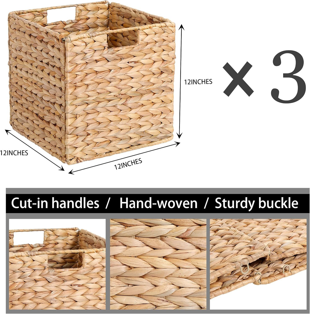 12" Foldable Hyacinth Storage Cubes, Set of 3