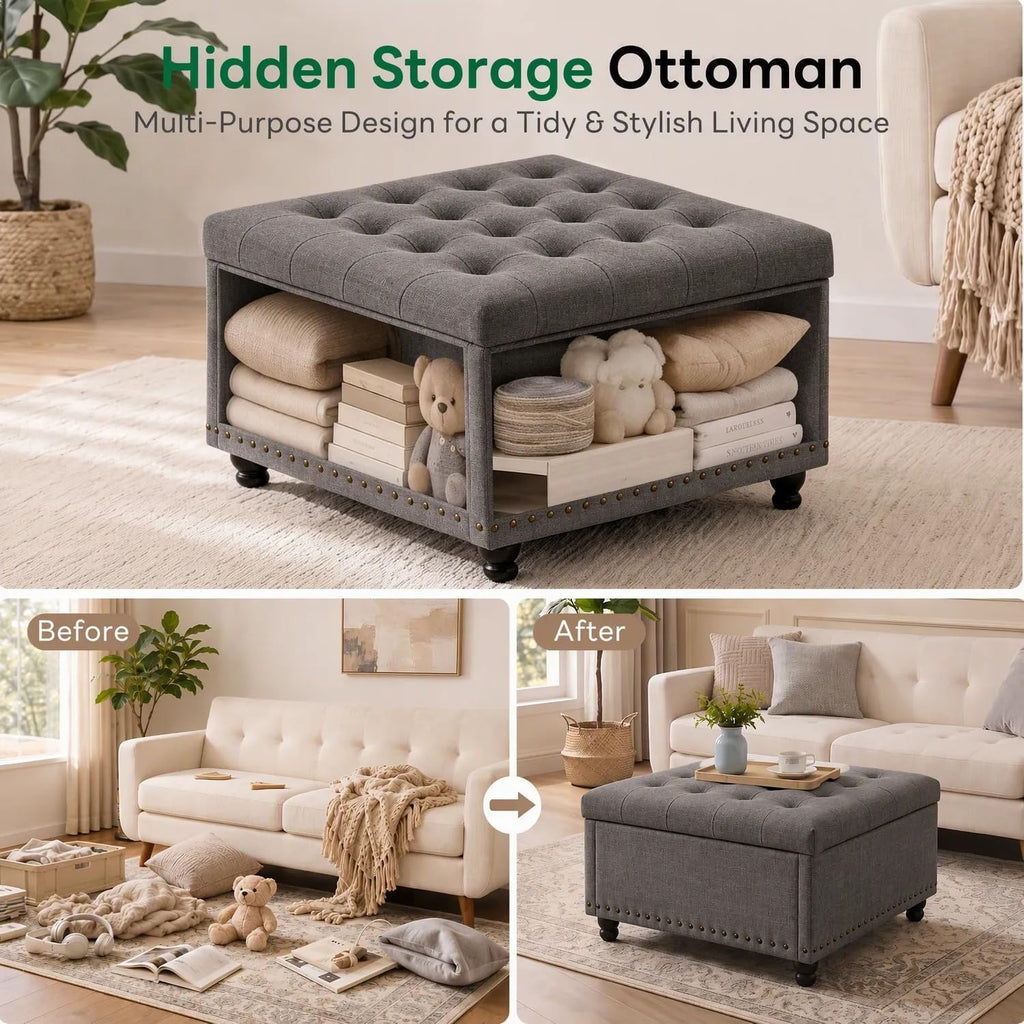30" Dark‑Gray Square Storage Ottoman Coffee Table