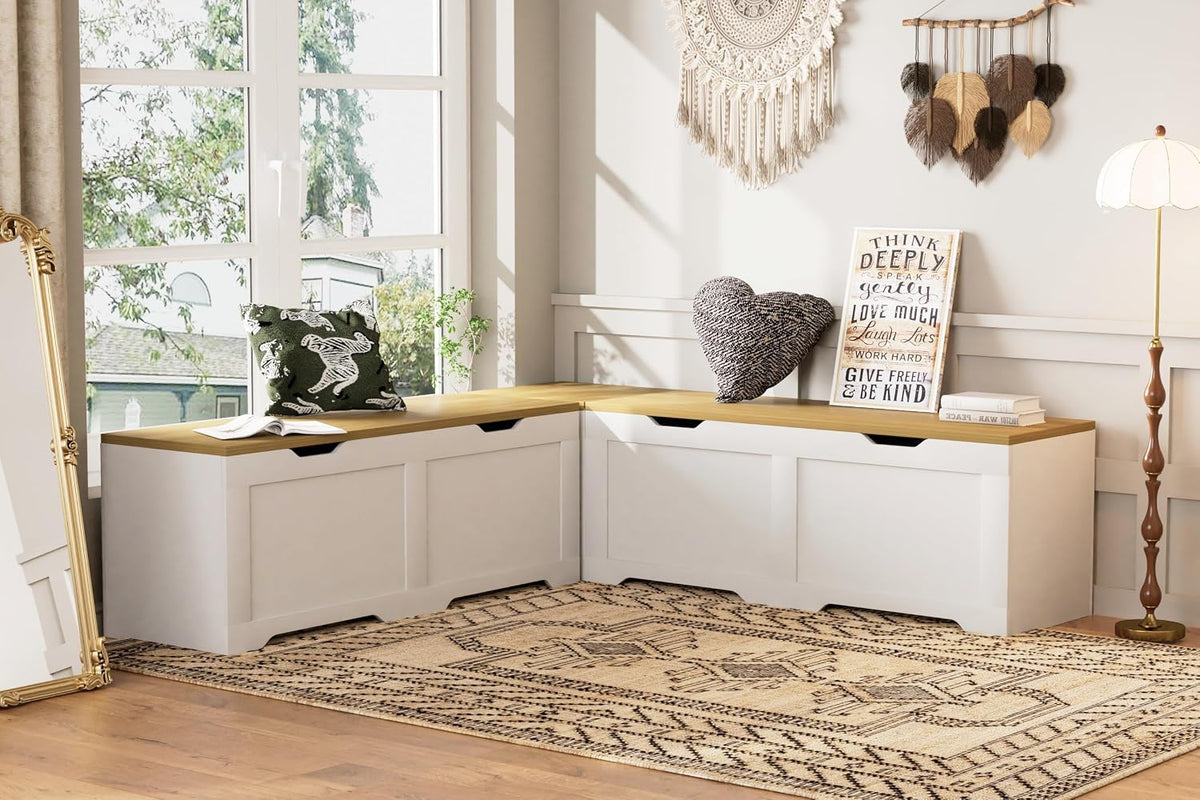 3‑Piece White L‑Shaped Cushioned Storage Bench Set