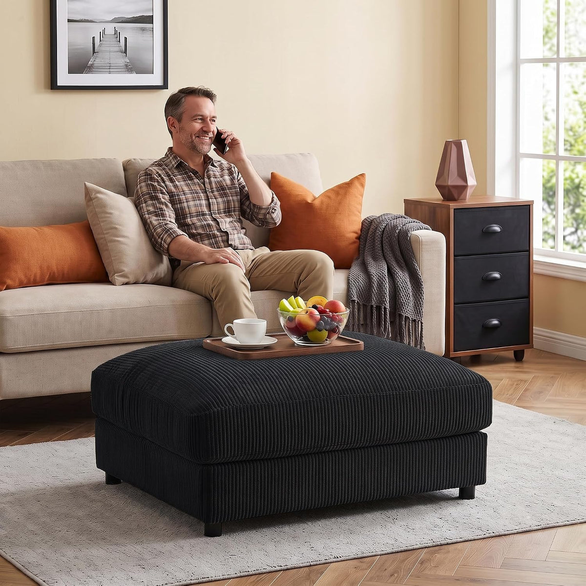 40" Black Corduroy Oversized Ottoman
