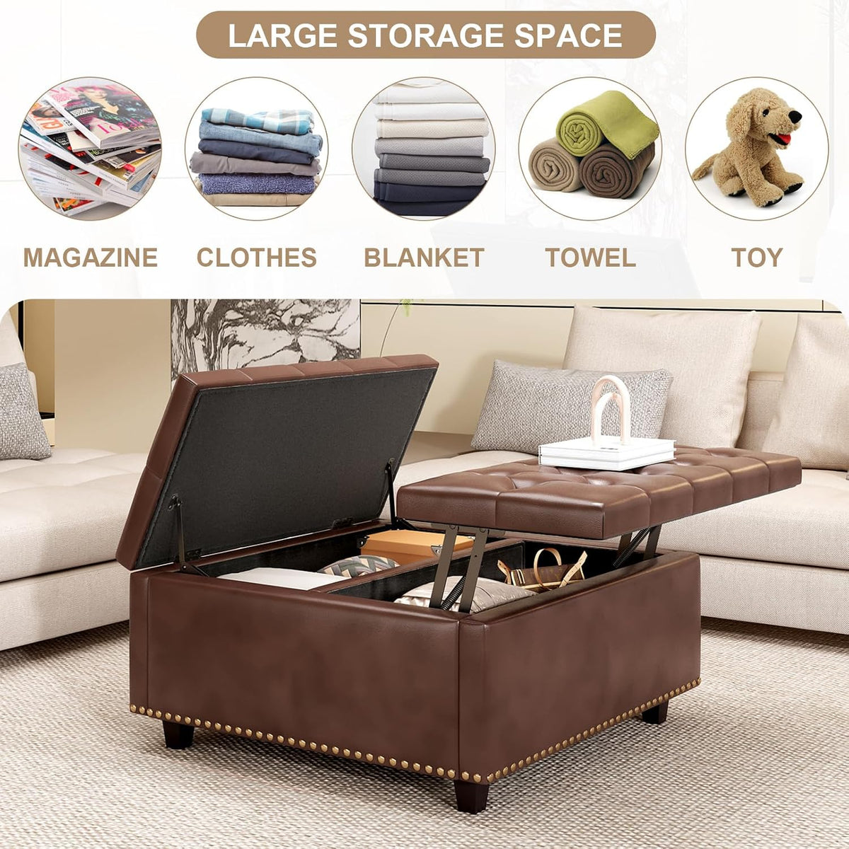 32.3" Brown PU Leather Lift‑Top Storage Ottoman