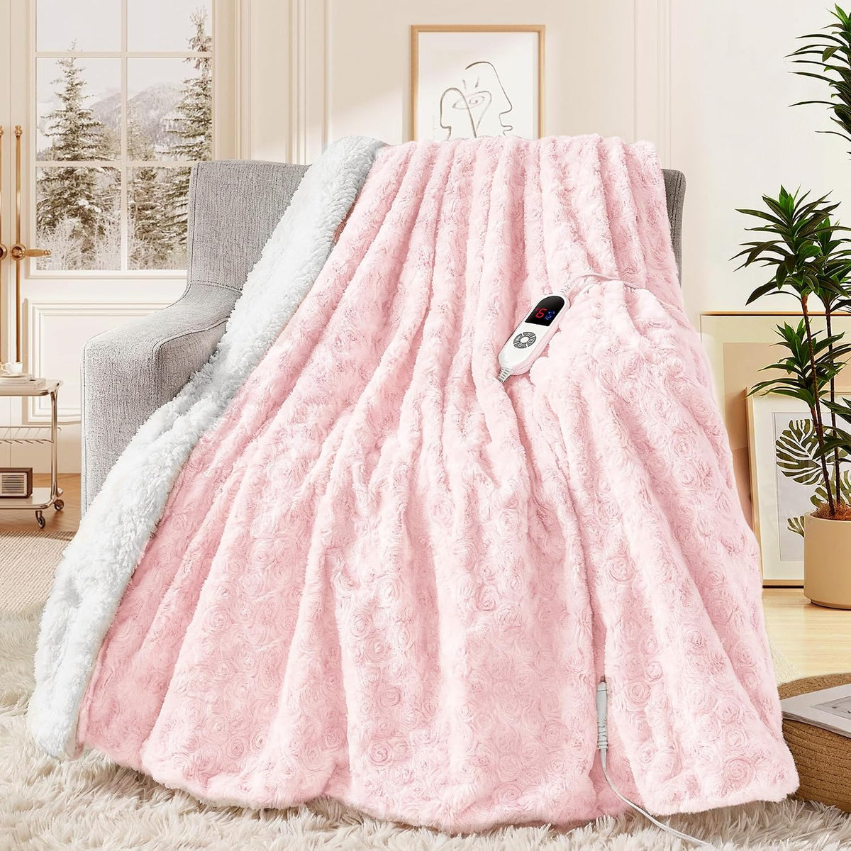 50"x60" Pink Faux Rabbit Fur Electric Throw Blanket