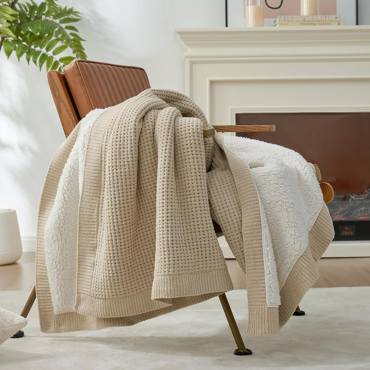 50"x60" Beige Waffle Sherpa Knit Throw