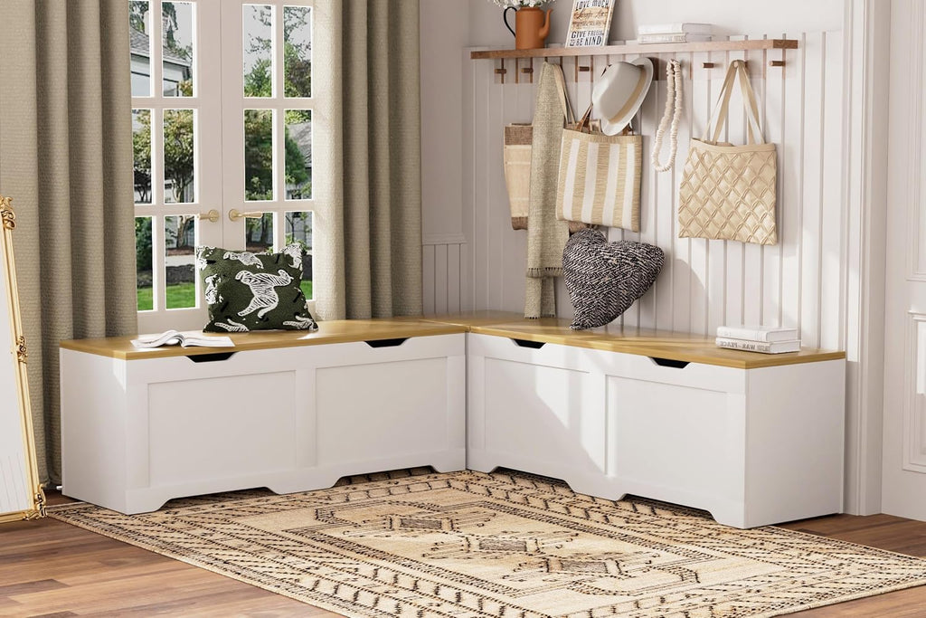3‑Piece White L‑Shaped Cushioned Storage Bench Set