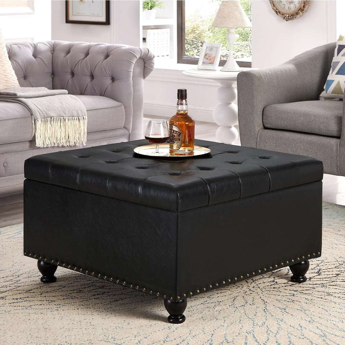 30" Black Faux Leather Tufted Storage Ottoman