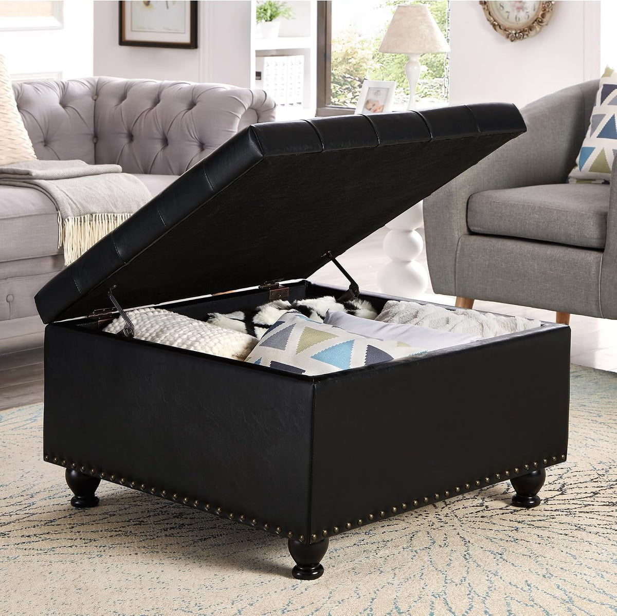30" Black Faux Leather Tufted Storage Ottoman
