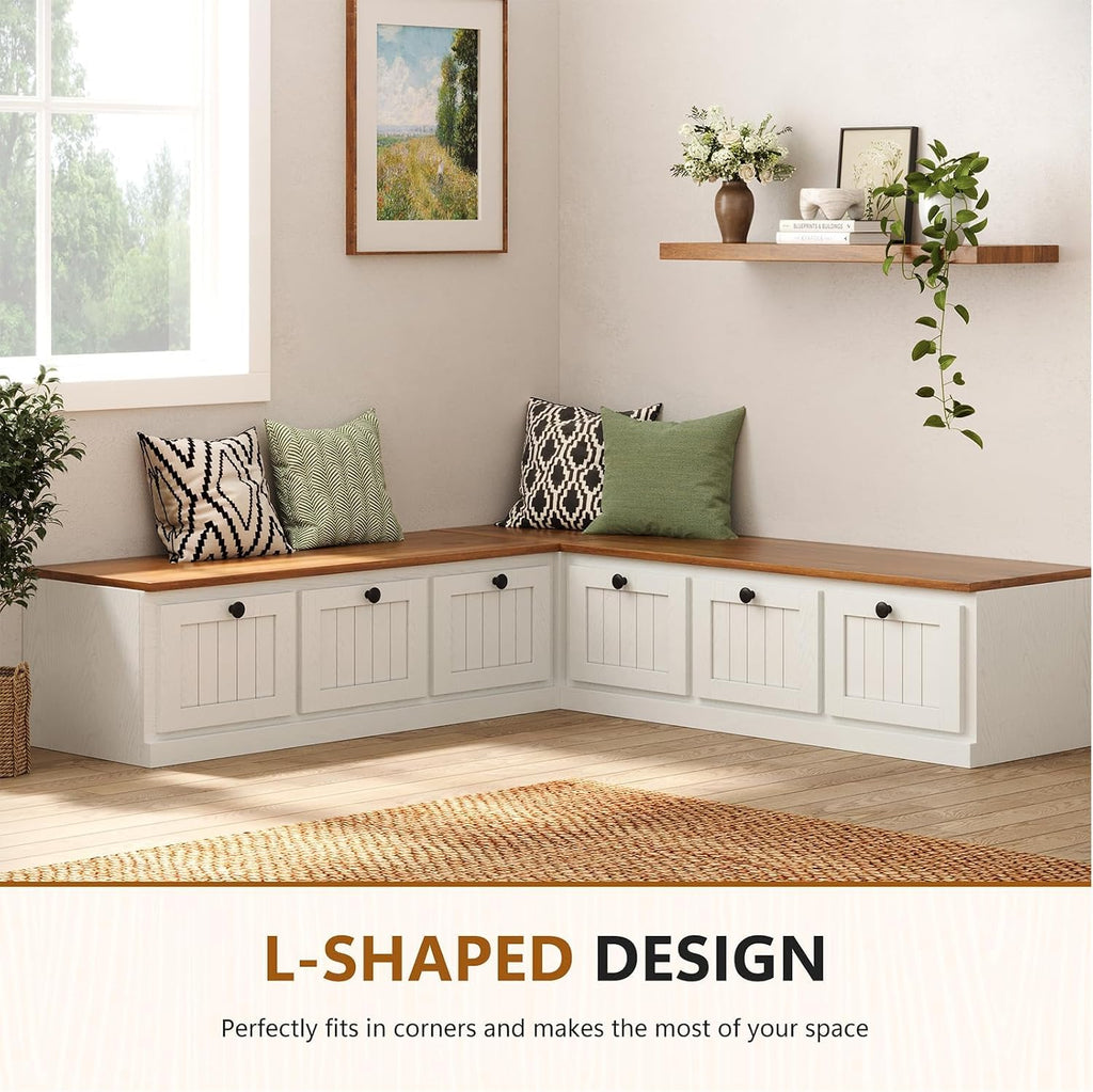 63" White L‑Shaped Nook Storage Bench