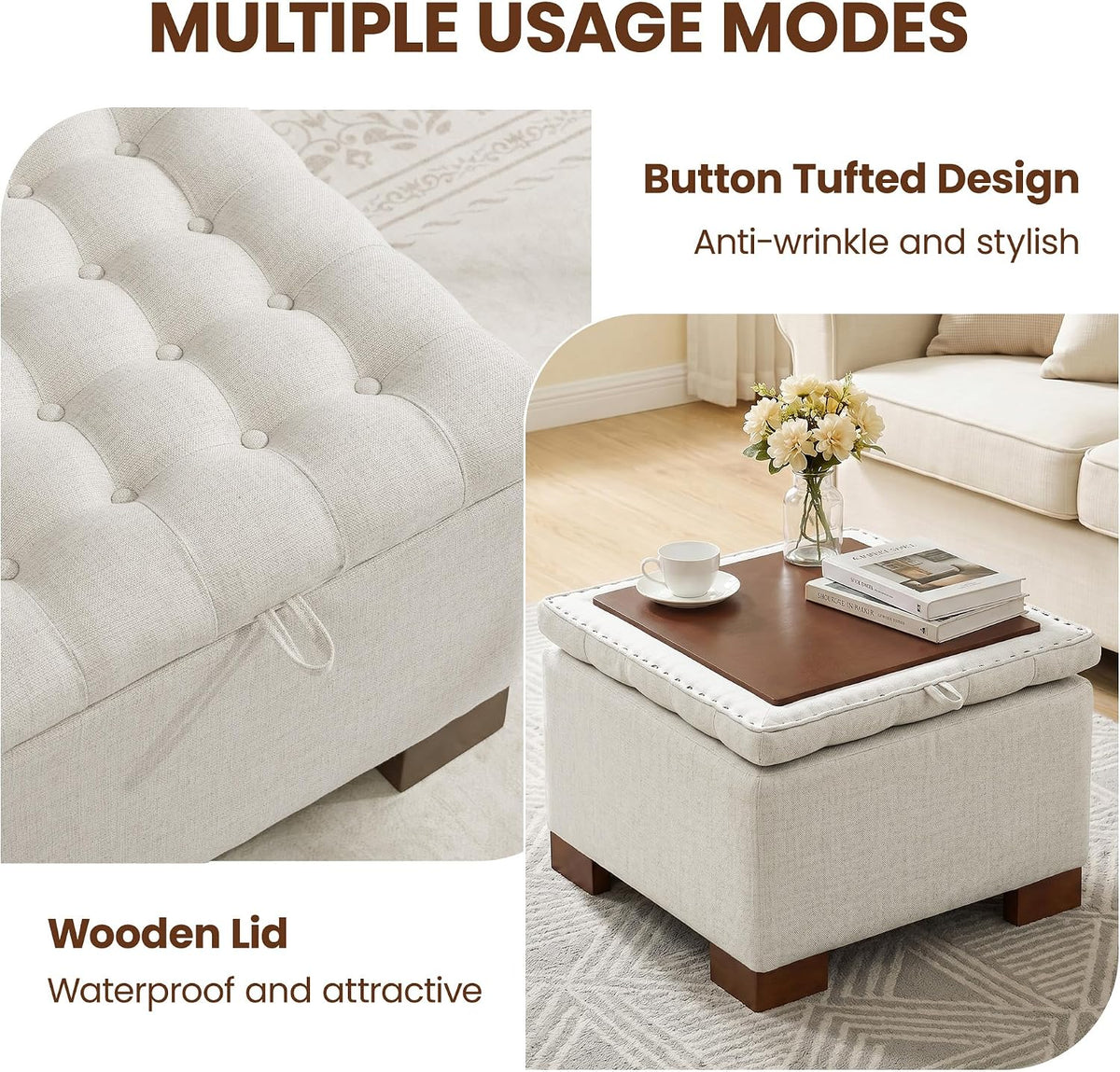 24" Beige Linen Tufted Flip‑Tray Storage Ottoman