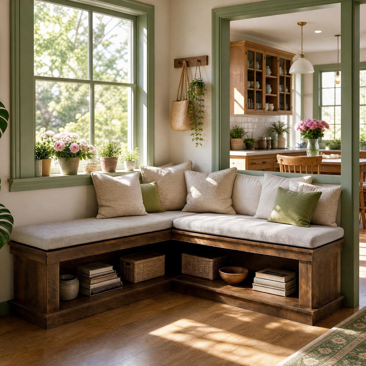 55" Cushioned L‑Shaped Corner Storage Bench