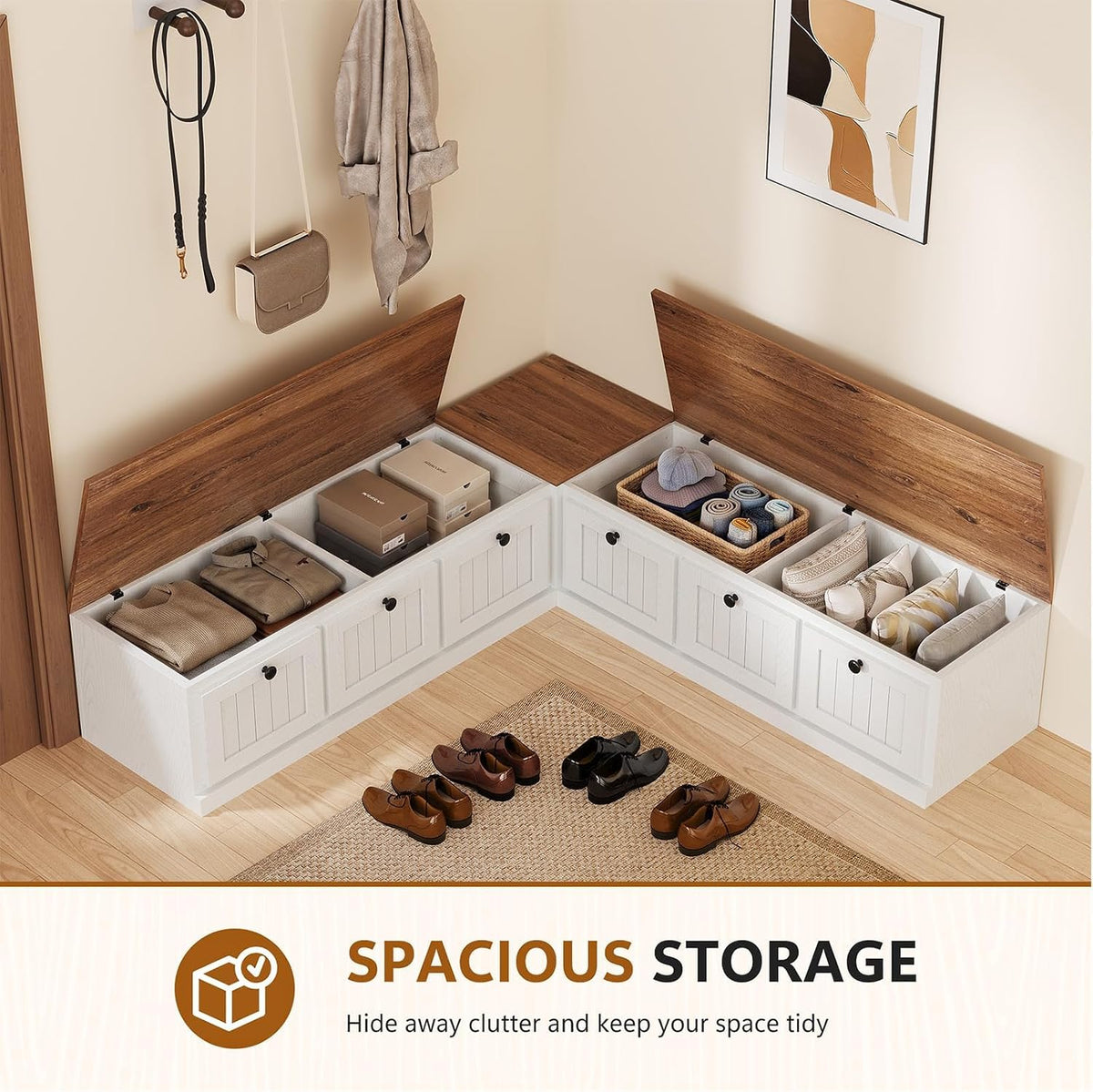 63" White L‑Shaped Nook Storage Bench