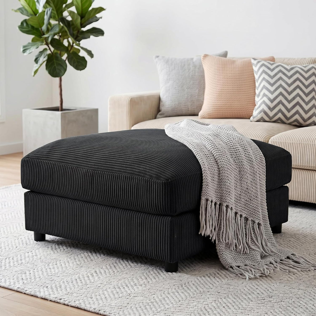 40" Black Corduroy Oversized Ottoman