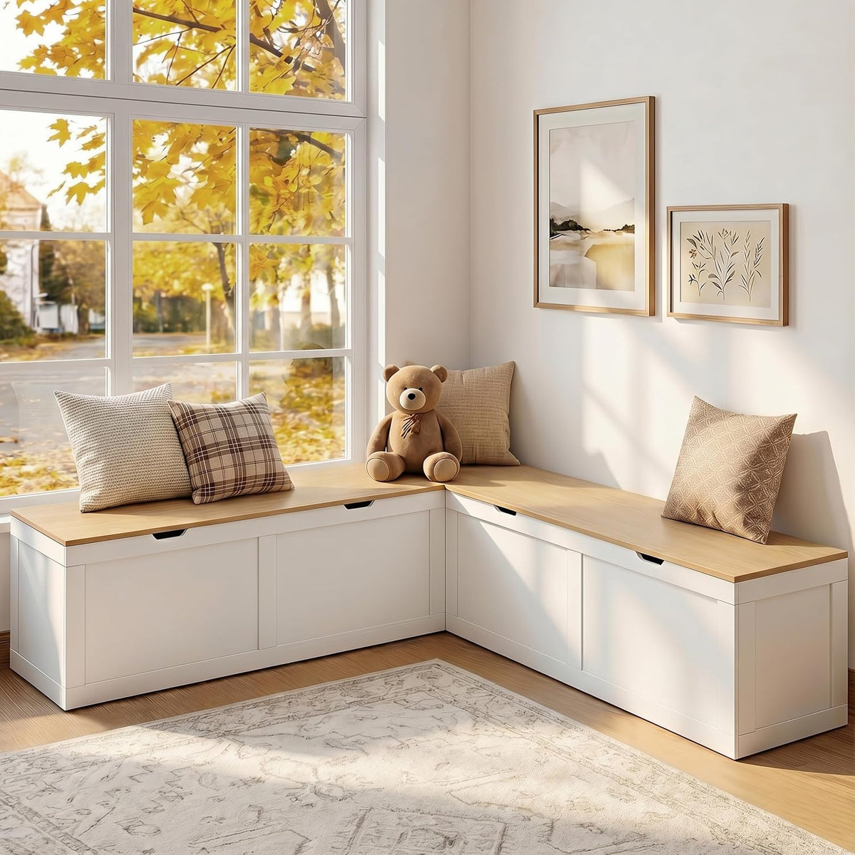 63" Oak L‑Shaped Storage Nook Bench